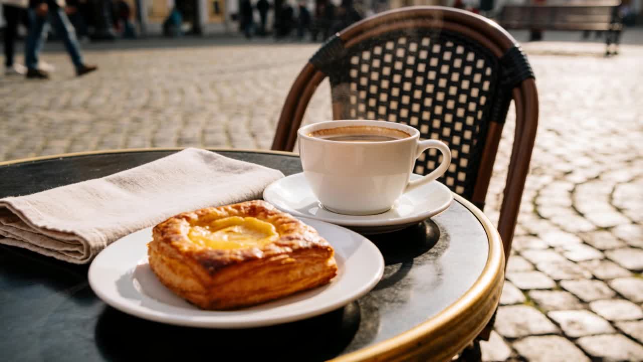 Primo piano su una tazza, pasticcino alla crema su un tavolo in una piazza lastricata di ciottoli, con persone sfocate sullo sfondo.