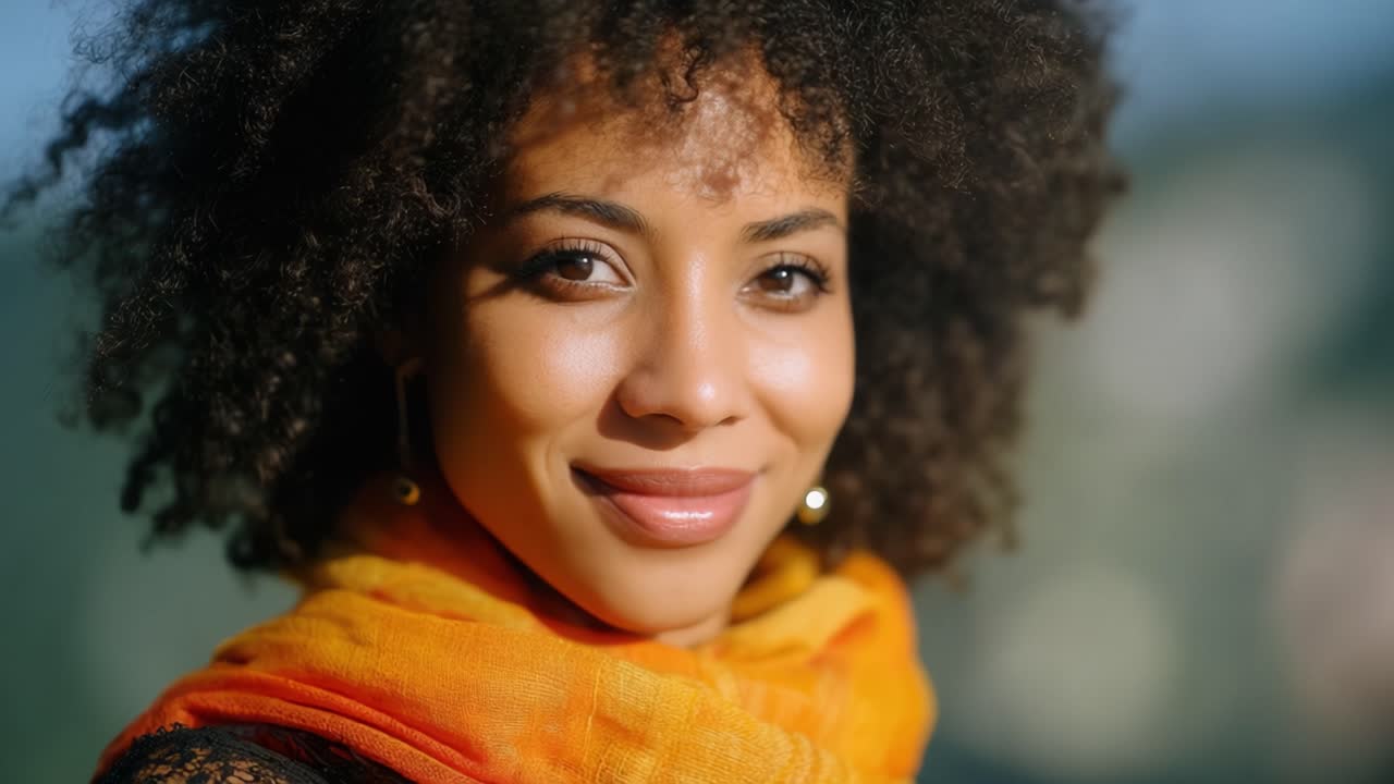 Uma mulher elegante com óculos de sol e um vibrante cachecol laranja sorri naturalmente contra um fundo cênico, com uma bela iluminação natural destacando seus traços.