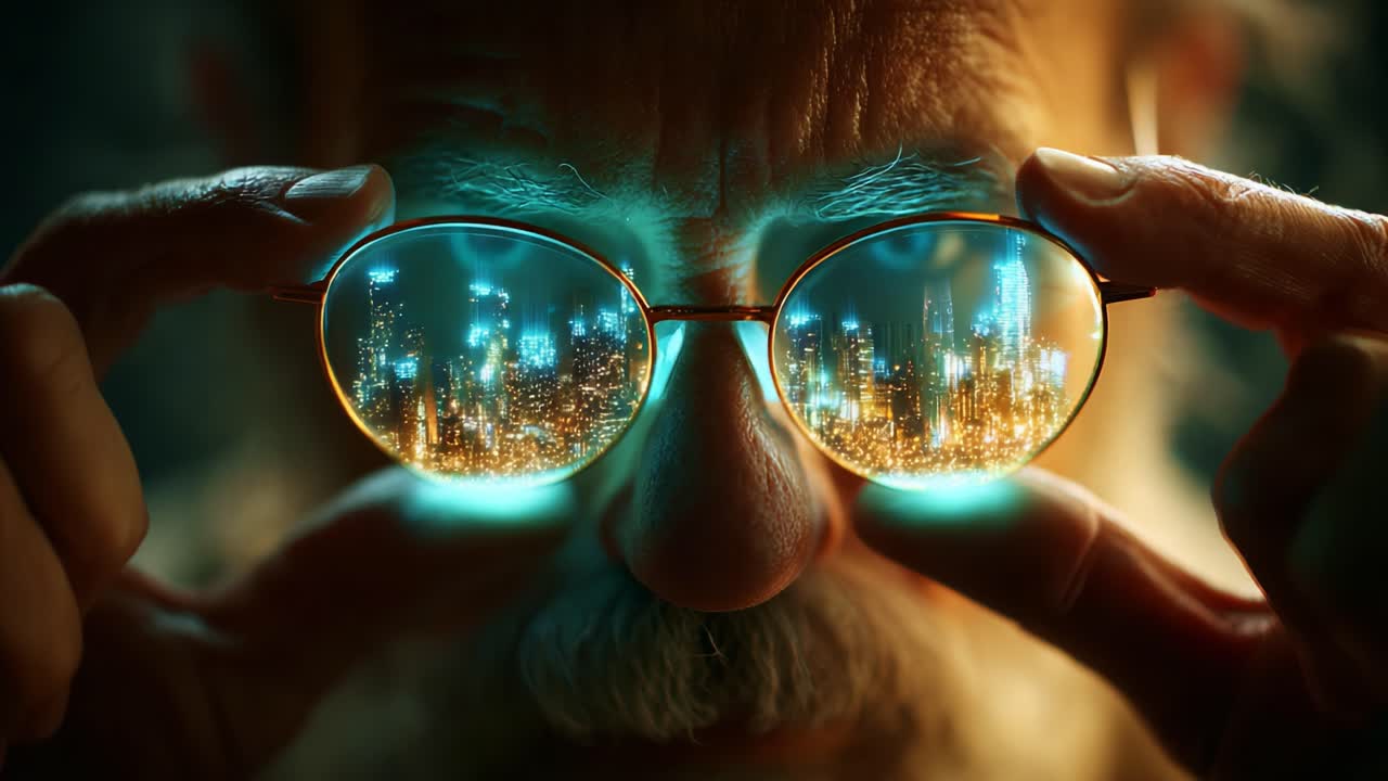 A Thoughtful Elderly Man Examines a Dazzling Futuristic Cityscape Reflected in His Spectacles, Merging Wisdom with a Vision of Tomorrow's Urban Splendor