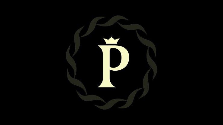 Animazione di un logo. Monogramma di lusso. Emblema rotondo che ruota. Lettera maiuscola P. Corona che cade. Nastro disegnato. Modello artistico in movimento