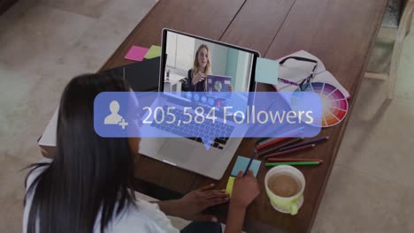 Animation-of-speech-bubble-with-number-of-followers-growing-over-woman-using-laptop-on-video-call