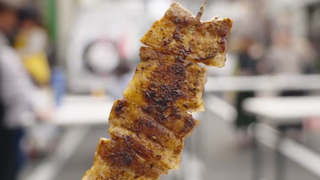 brocheta de cerdo a la parrilla de aspecto sabroso - comida callejera en el festival