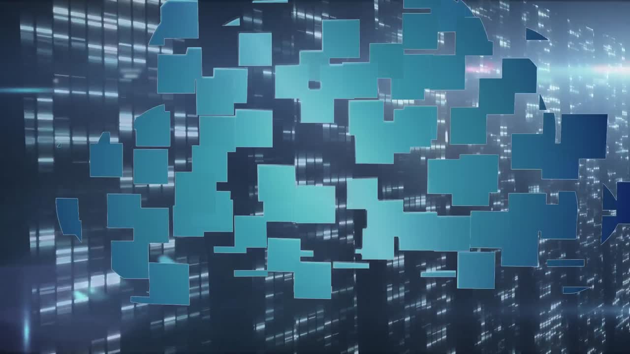 Animation of blue squares making cloud over lights and servers
