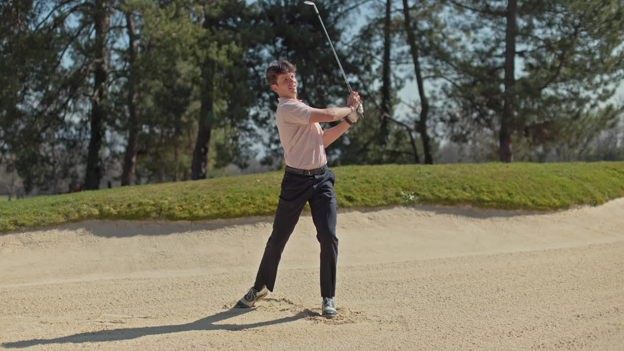 Young golfer playing on a sunny spring day in Switzerland, showcasing precise chipping, putting, bunker, and approach shots. Perfect for sports, lifestyle, and outdoor themes.