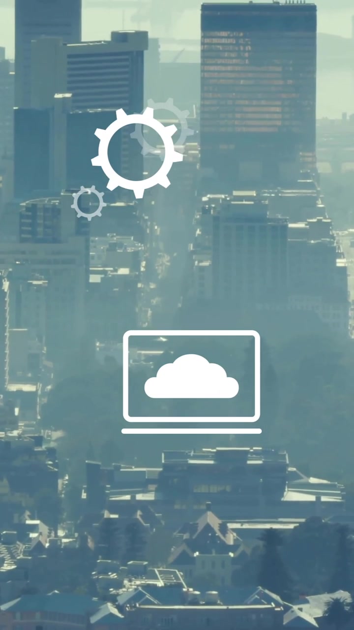 Animation of business icons over cityscape