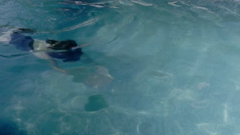 una joven delgada nadando bajo el agua dentro de una piscina