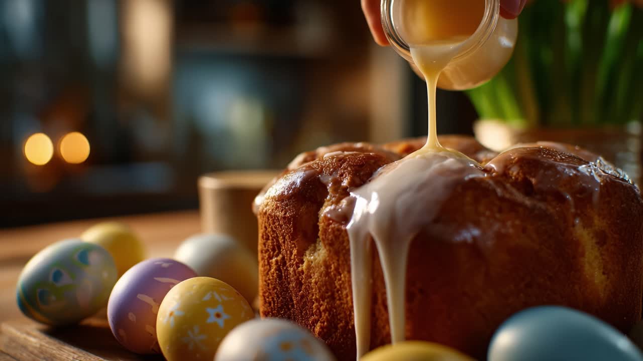 Deliciously Glazed Easter Bread with Colorful Eggs Decoratively Placed Around, Perfect for Celebrating Festive Gatherings and Holiday Traditions