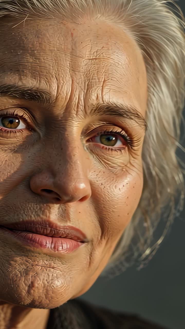 Vertical video: Recording starting senior woman gazing smiling tilting head on set reflecting calm