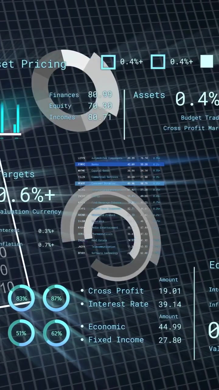 Vertical video: HUD loading syncing charts and tables animating rings and numbers for Asset Pricing
