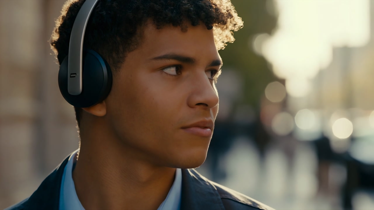 Young Man With Headphones Walking City Street During Golden Hour, Profile Shot With Soft Bokeh Background,