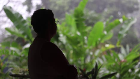 elderly lady in silhouette, inside house looking out at rain falling in slow motion on lush garden