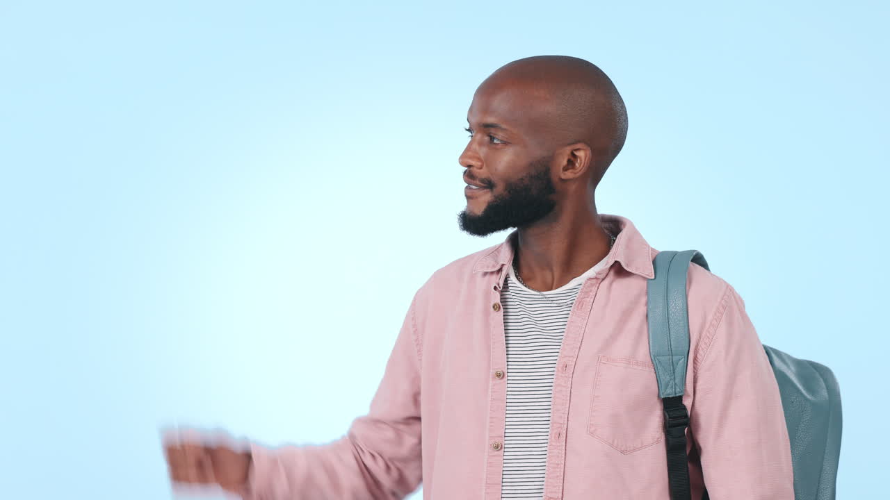 Student, black man and pointing on mockup for list