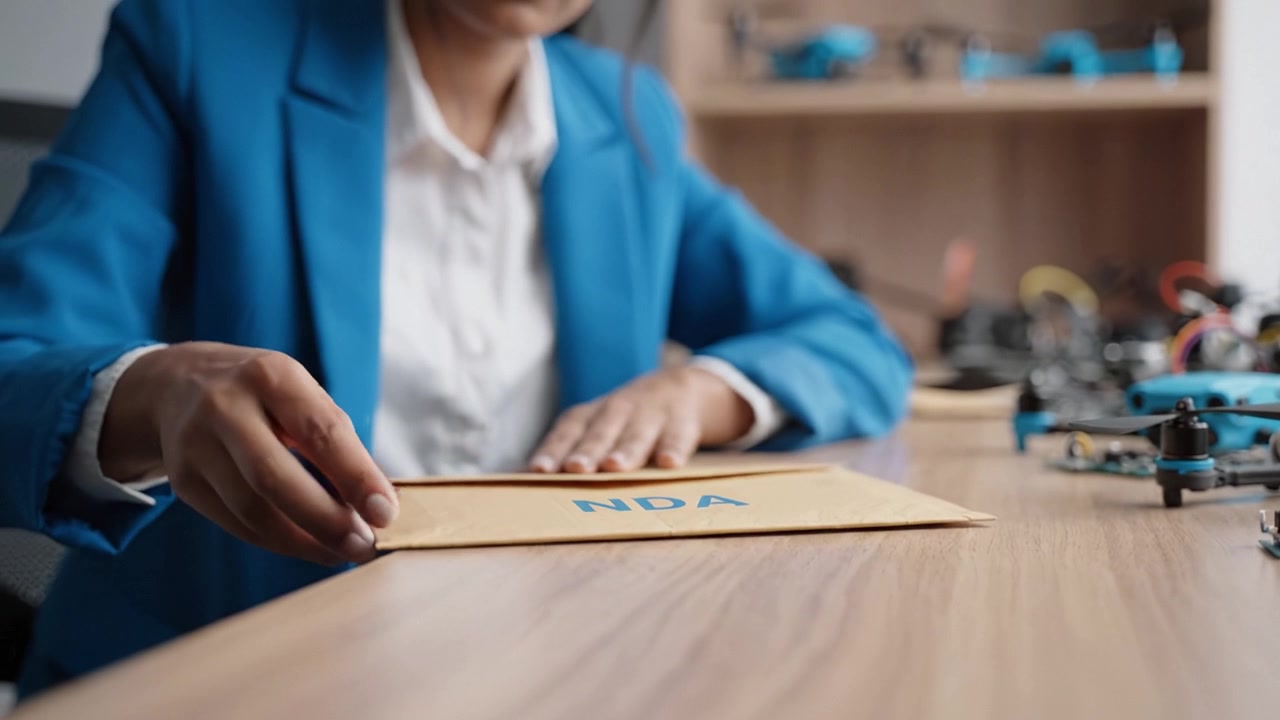 Un individuo concentrato in un blazer blu si prepara a confezionare un documento a una scrivania di lavoro, circondato da gadget tecnologici e con uno spazio di lavoro visibile sullo sfondo.