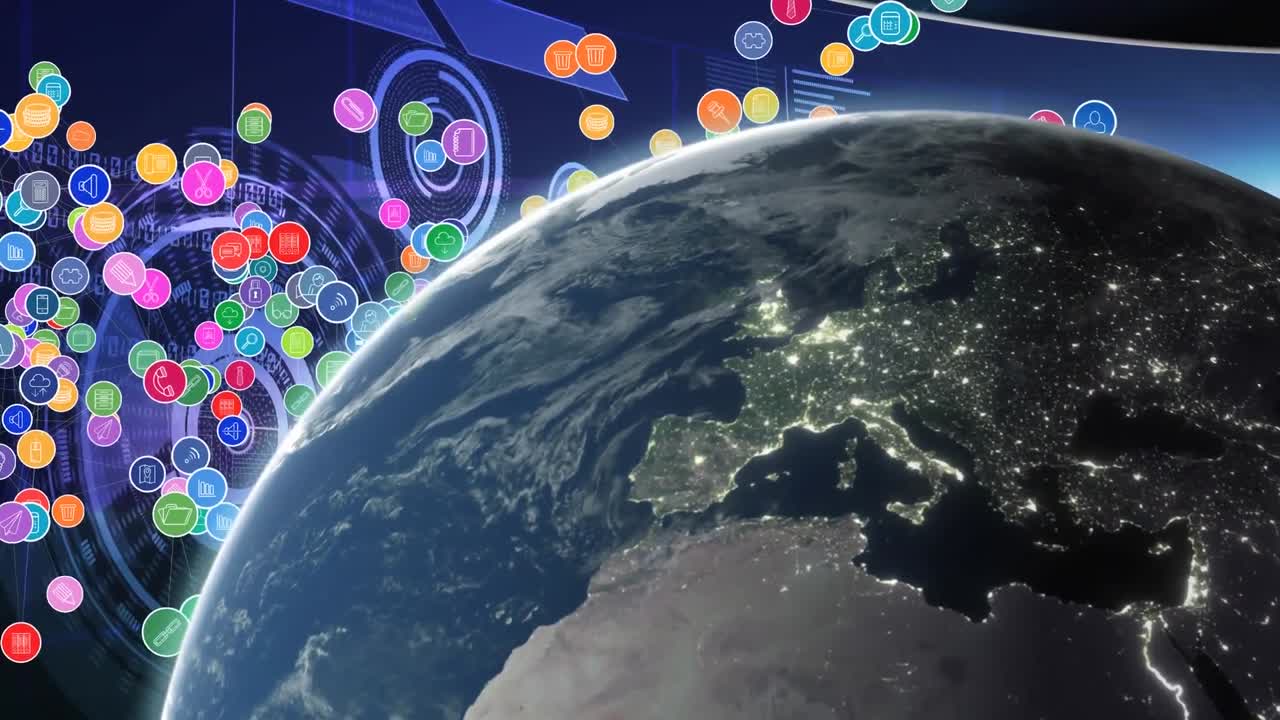 지구와 디지털 아이콘의 애니메이션 스 ⁇  스캔 파란색 배경에