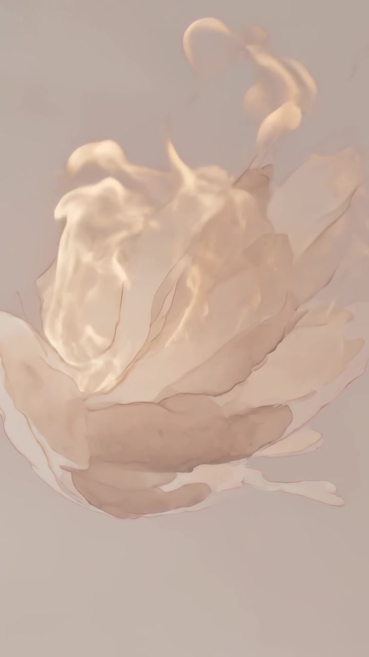 Video verticale: Fiamma che si forma, mano umana che raccoglie e rilascia una brace su una parete beige, mostrando petali.
