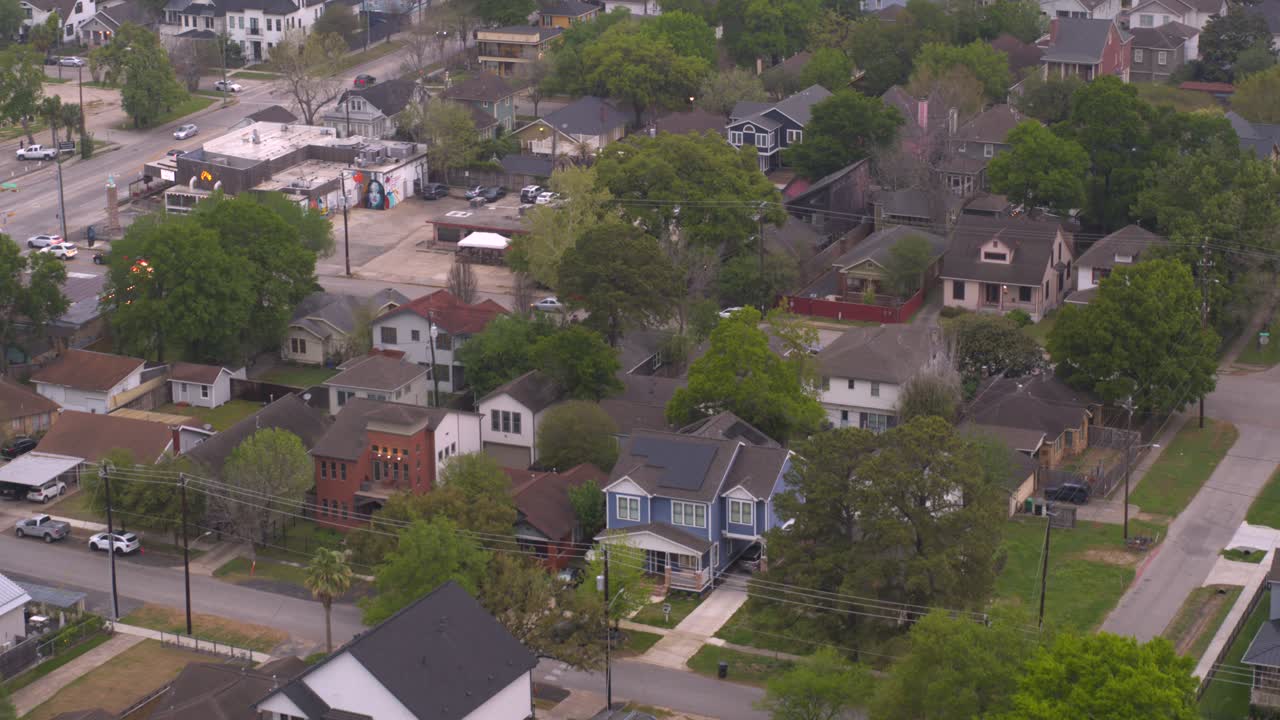 Birds eye view of homes in the historic Heights area in Houston, Teas