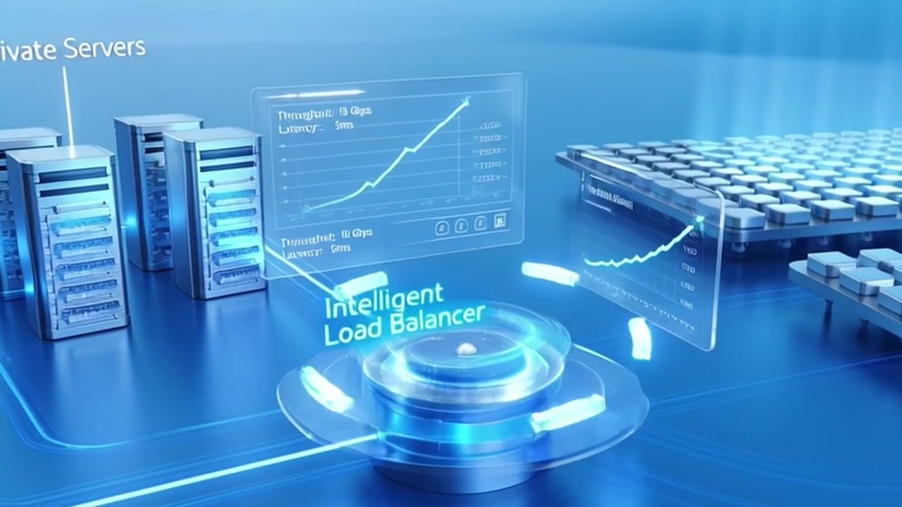 3D Animation of Intelligent Load Balancer Connecting Private Servers and Public Cloud