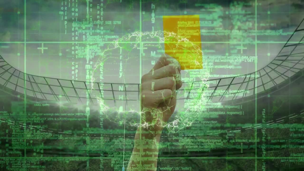 animación del procesamiento de datos sobre el árbitro que muestra la tarjeta amarilla en el estadio deportivo