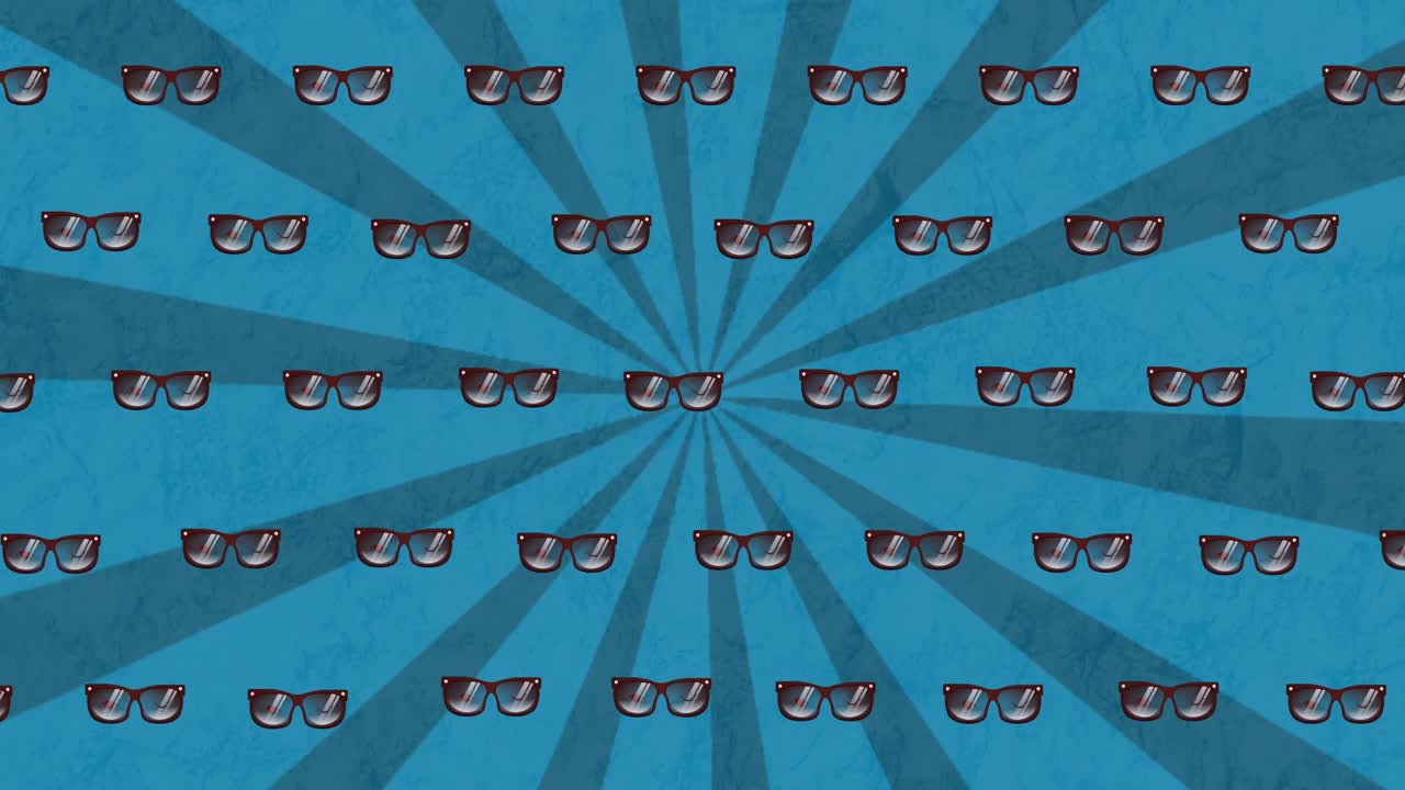Animation of sunglasses in repetition over stripes on blue background