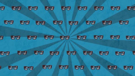 animation of sunglasses in repetition over stripes on blue background