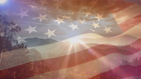 animation of american flag over stunning mountain landscape