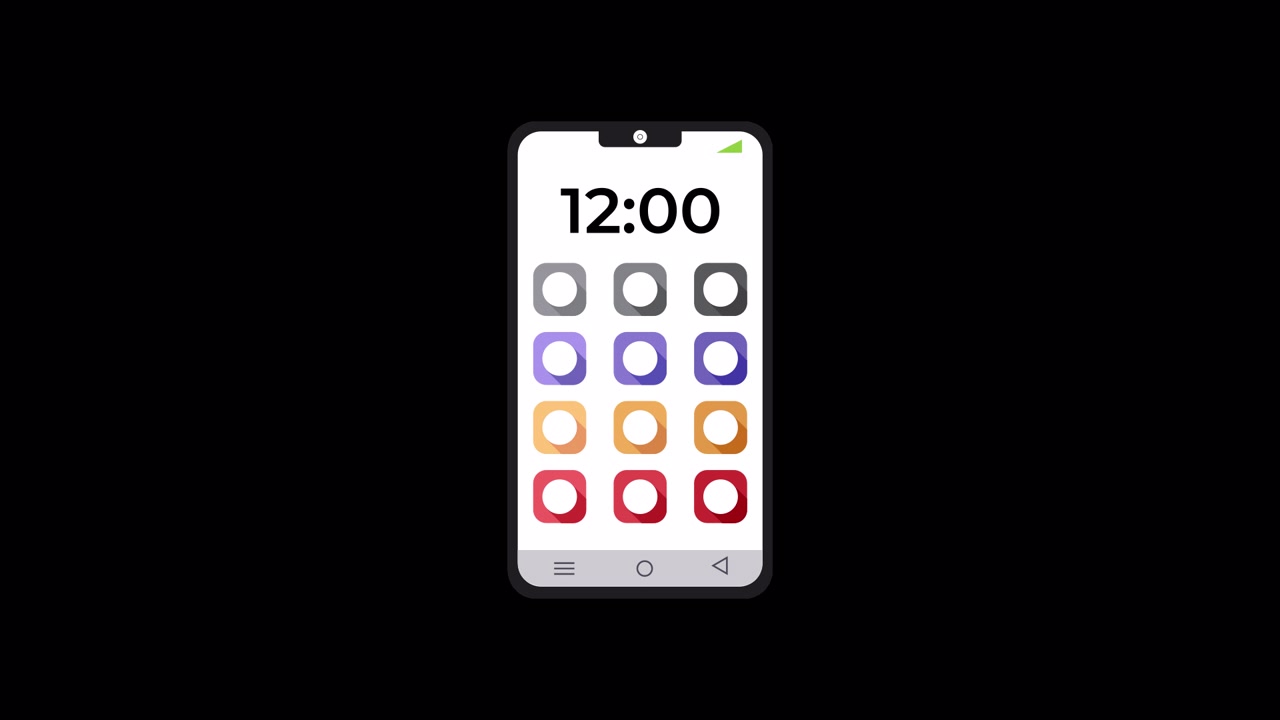 Animert smarttelefon som viser app-ikoner og digital tid