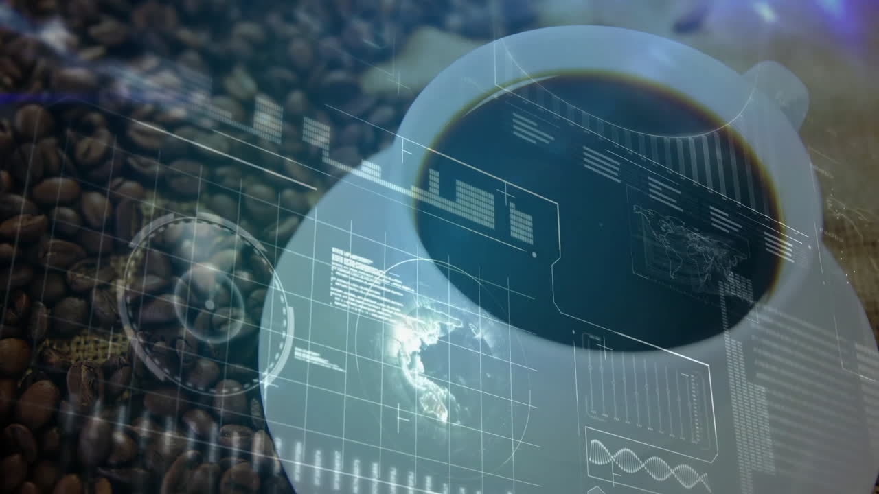 White ceramic coffee cup resting on saucer, showing futuristic HUD graphics over coffee beans