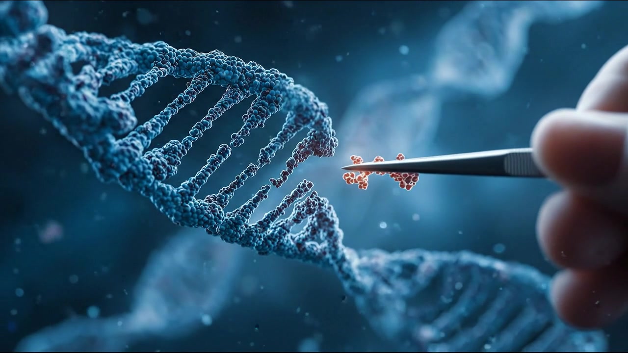 Blue DNA helix rotating in a dark molecular science environment in detailed footage