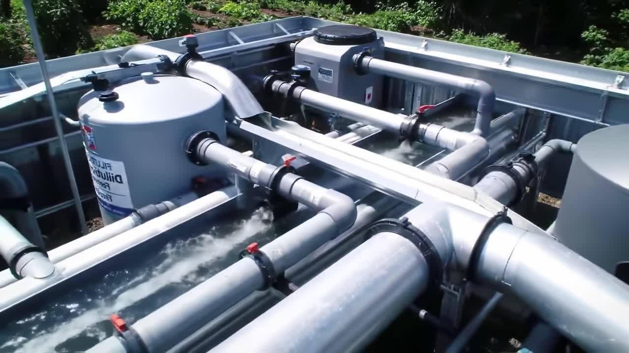 Advanced Water Filtration System in Action: A Close-Up Look at Innovative Pipework, Tanks, and Fluid Dynamics for Efficient Water Management and Purification