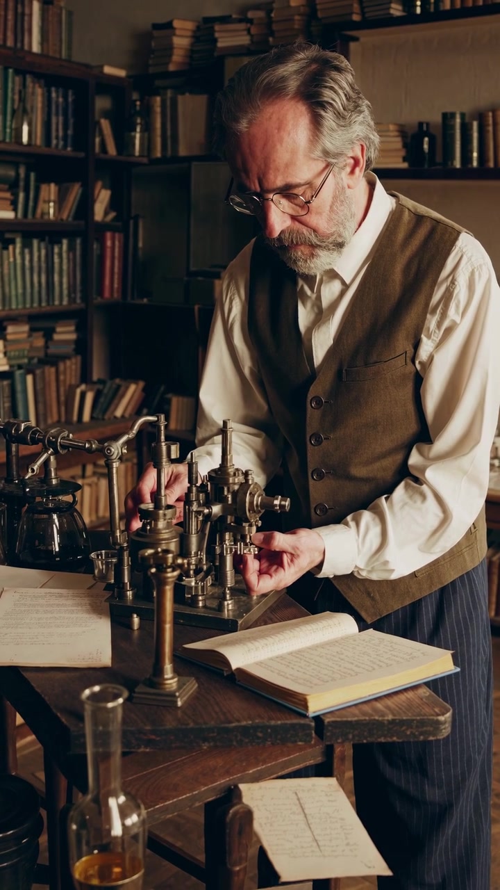 Scienziato maturo che lavora con attrezzature da laboratorio d'epoca in biblioteca