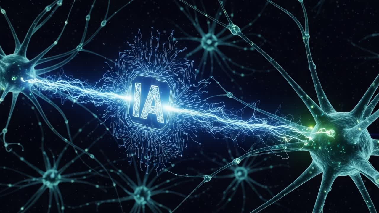 A Stunning Visualization of Neural Connections and Artificial Intelligence Interaction, Highlighting the Dynamic Relationship Between Technology and Brain Functionality