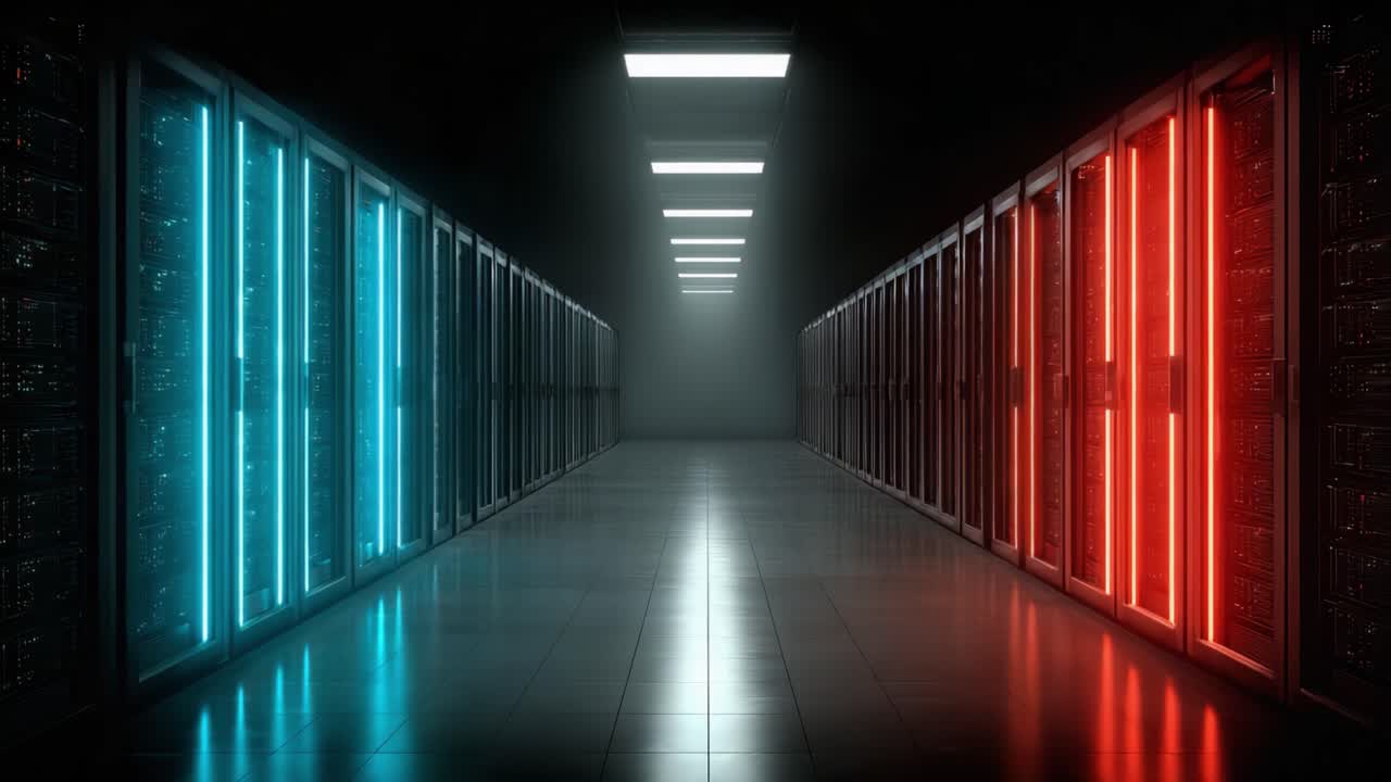 Uno straordinario contrasto visivo in una sala server high-tech caratterizzata da illuminazione blu e rossa, che enfatizza la moderna infrastruttura di archiviazione dati in un ambiente scuro