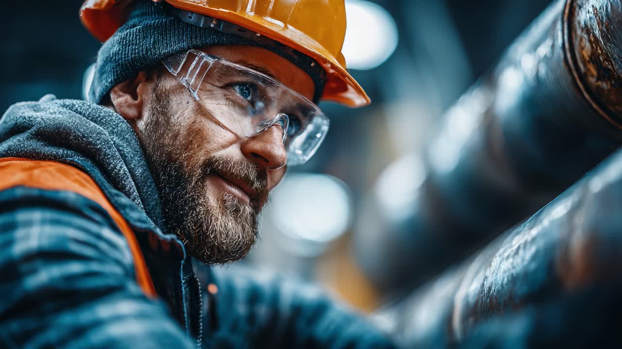 Focused Worker in Safety Gear Carefully Examines Industrial Materials in a Warehouse Setting, Showcasing Dedication to Quality and Safety Standards