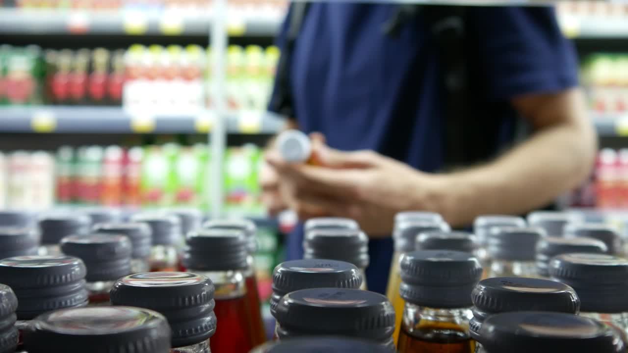 primer plano de muchas botellas de vidrio de jugo con tapas metálicas en un estante del supermercado y un hombre toma una