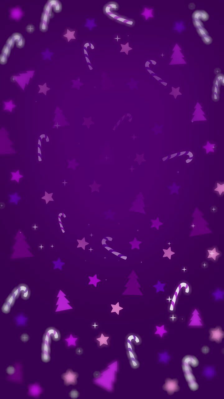 Purple holiday background with circular tree and candy cane pattern. Vertical video
