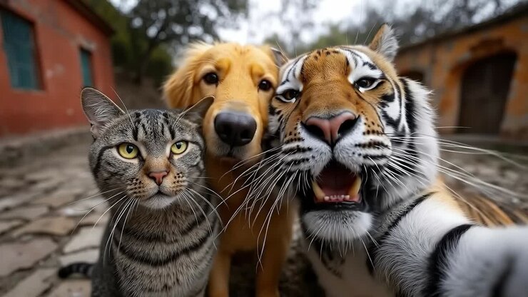 Un perro, un gato y un tigre están mirando a la cámara