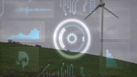 circular hud being displayed on hillside with wind turbine rising under waveform and chart overlays