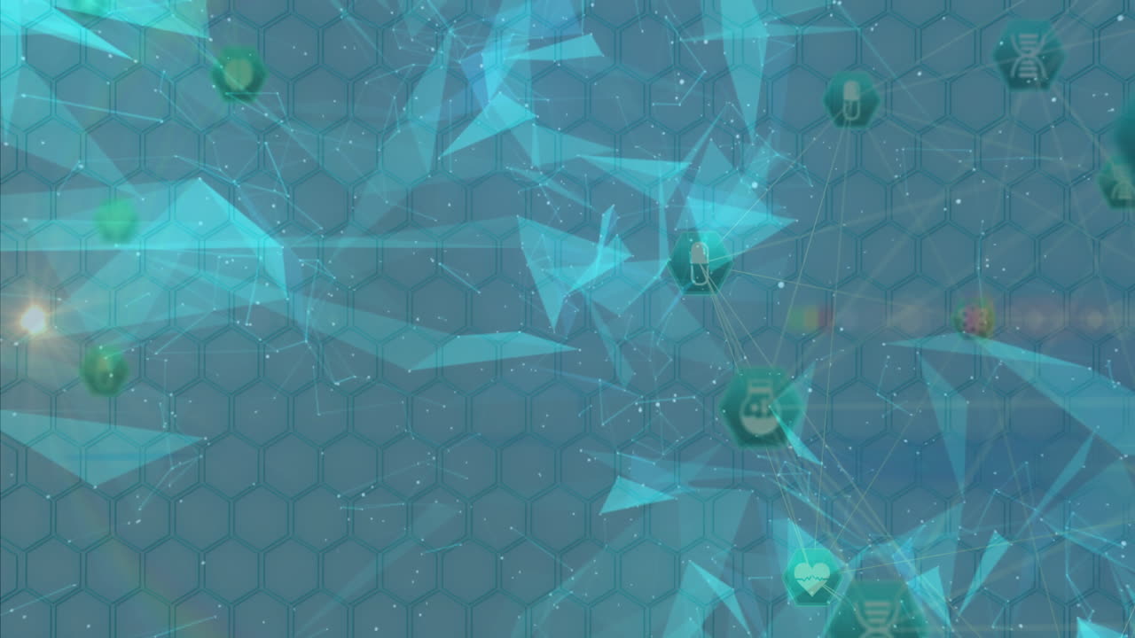 Glowing nodes with animation on abstract hexagonal pattern in digital network