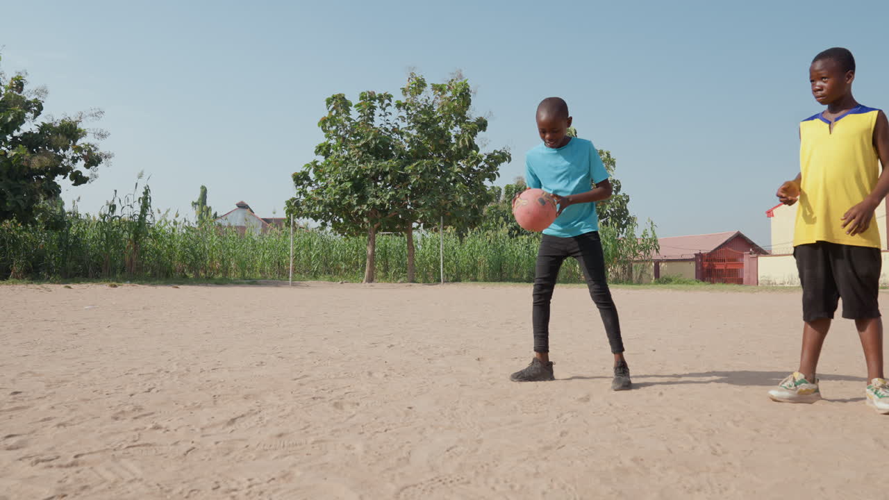 Black teammates passing basketball on dusty court, blue and yellow jerseys, friendly competition and drills, coaching gesture and footwork practice, neighborhood pickup atmosphere, upbeat teamwork