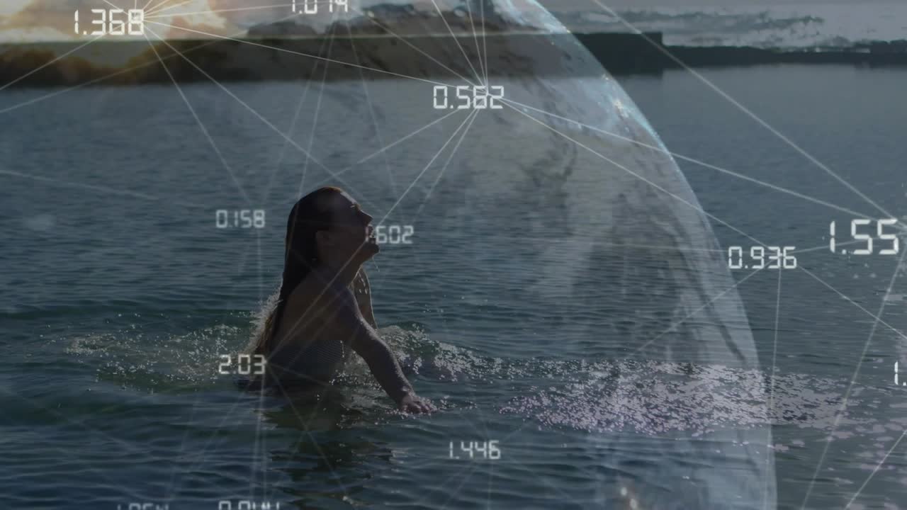 Woman raising hand to ear floating swimming to reach shore while tech globe overlapping swimmer