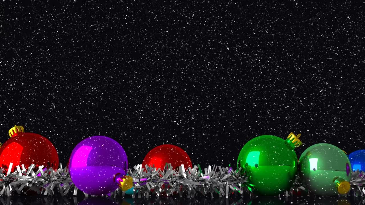 animación de la nieve cayendo sobre las decoraciones de las bolas de navidad