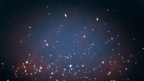 animatie van veelkleurige confetti die over wolken vallen