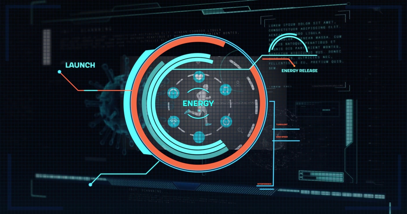 Animation of data processing over scope and human running on black background