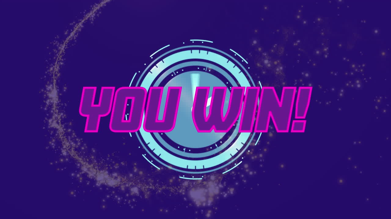 Animation of you win text, scope scanning and data processing over purple background