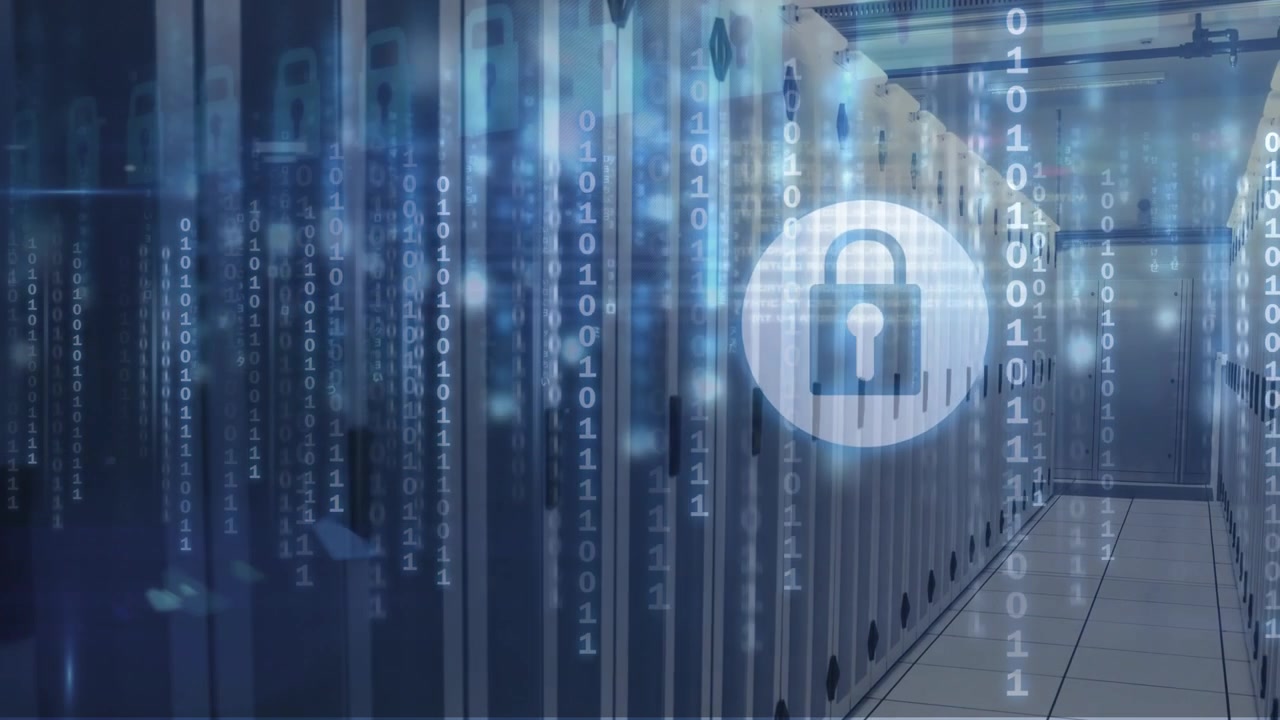 Animation of binary code and padlock over servers