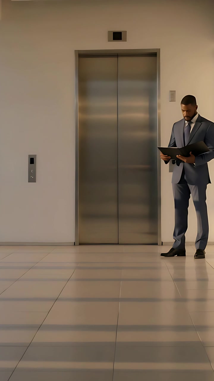 Vídeo vertical: Homem de terno lendo uma pasta, movendo-se em direção ao elevador enquanto as portas se abrem para ele entrar, com espaço para texto.
