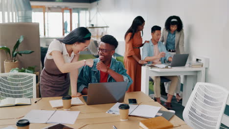 teamwork, laptop and business people fist bump
