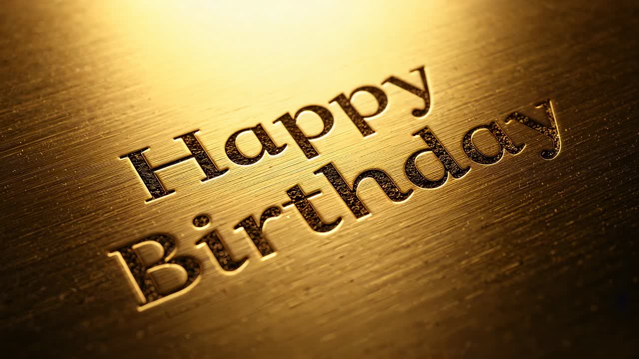Sweeping warm angled light revealing depth of engraved Happy Birthday on brushed gold plate studio