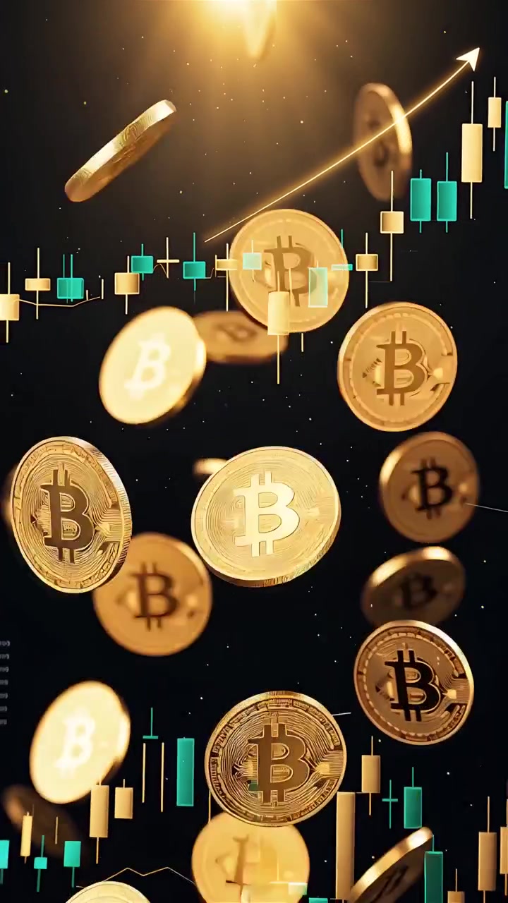 Monete Bitcoin dorate con sfondo sfocato di grafico a candele 4K.