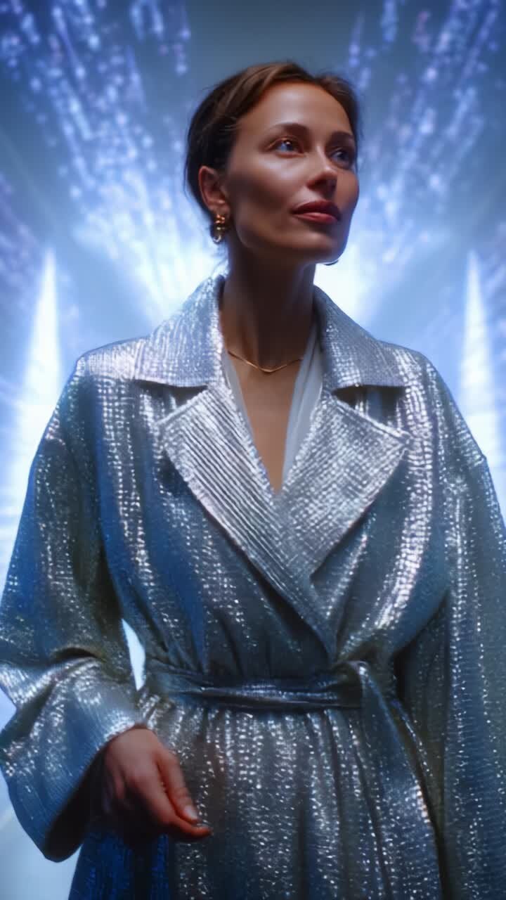Una donna sicura di sé con un cappotto argentato luccicante è in piedi sotto luci dinamiche, emanando eleganza e compostezza in mezzo a un'accattivante esposizione di effetti radiosi